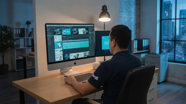 Diseñador actualizando contenido en CMS Broadsign