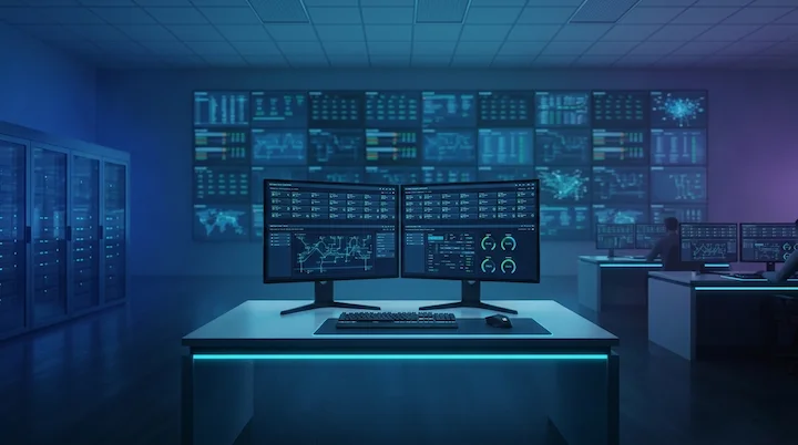 Dashboard de monitoreo de red de pantallas — screenshot real