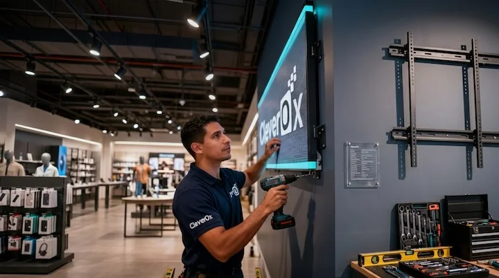 Técnico Cleverox instalando pantalla LED — plano de acción